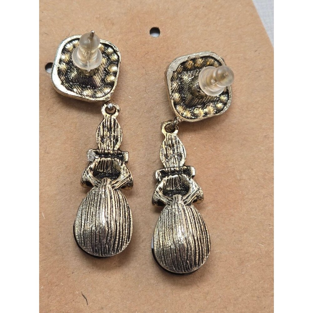 Vintage Black & Crystal Rhinestone Drop Earrings Teardrop Dangle - Picture 5 of 5